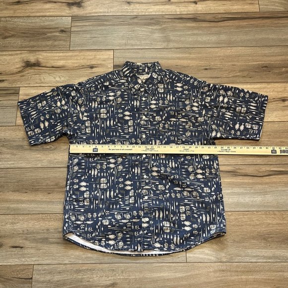 Woolrich Button Up Shirt LARGE Fisherman Tackle Fish All Over Print AOP USA Made - Picture 6 of 9